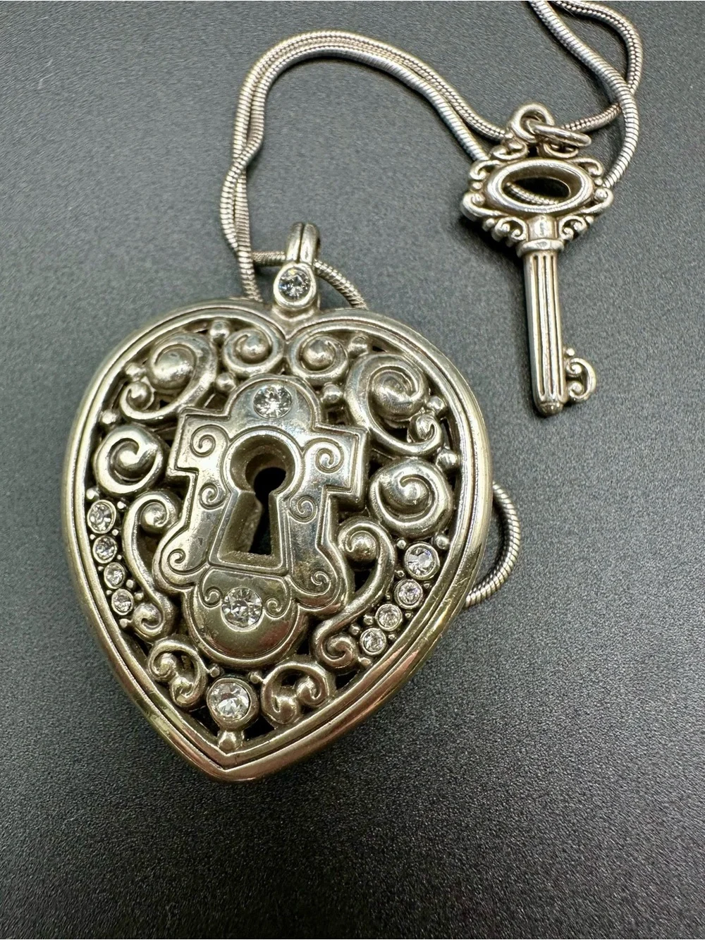 Retired Brighton Lock Heart and Key Reversible Pendant Necklace Silver Plate